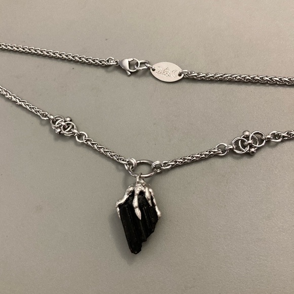 Black raw natural tourmaline gemstone electroplated charm steel boho necklace - Picture 7 of 16